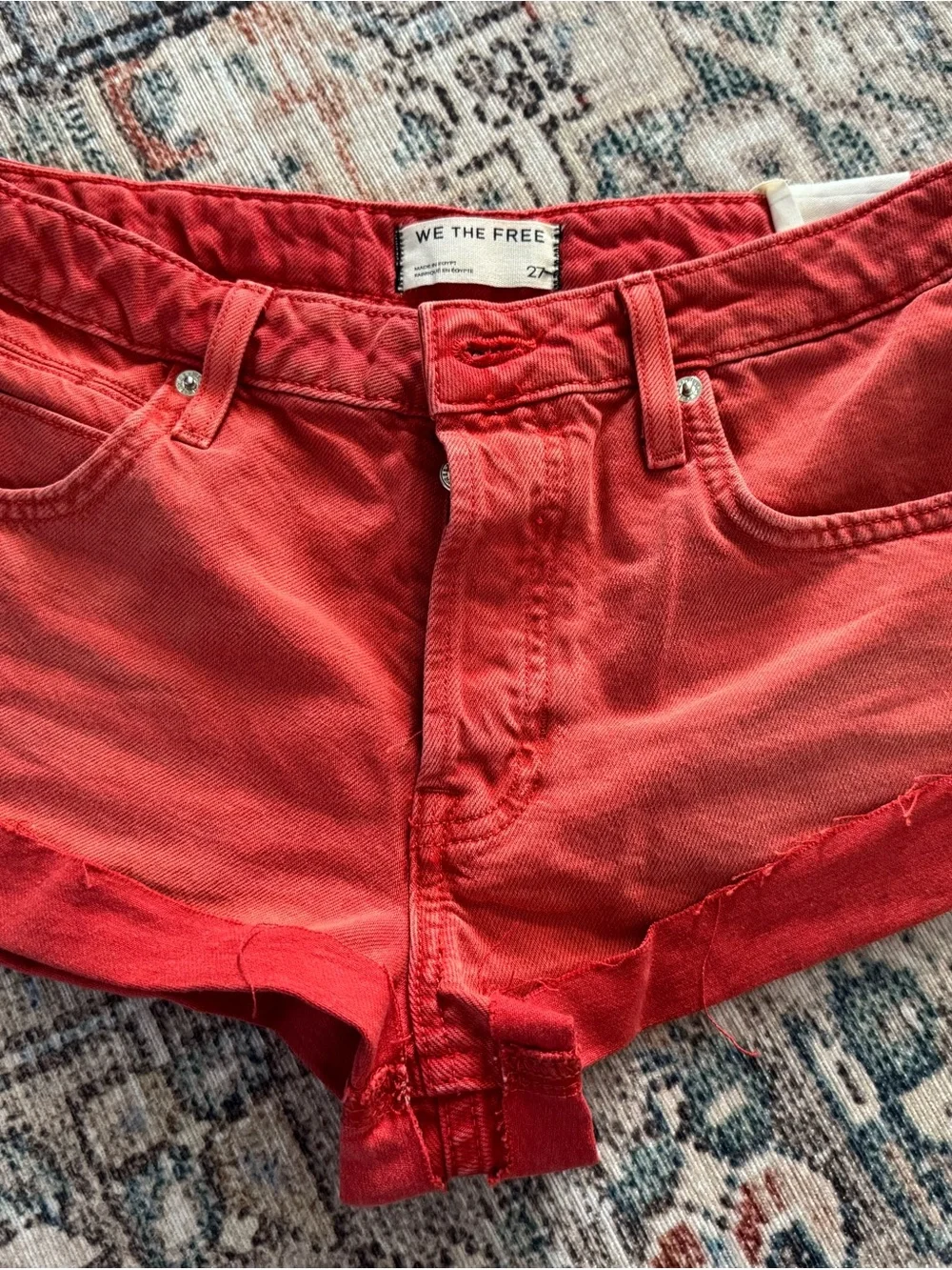 Free People Vibrant Red Rolled-Hem Denim Shorts